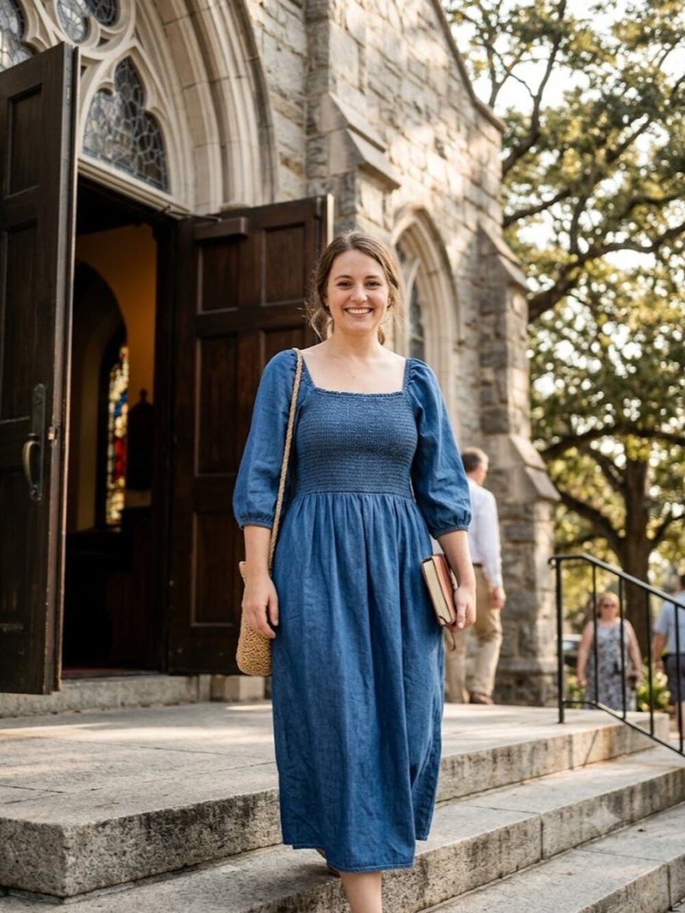 C&C California Blue Denim Smocked Bodice Midi Dress